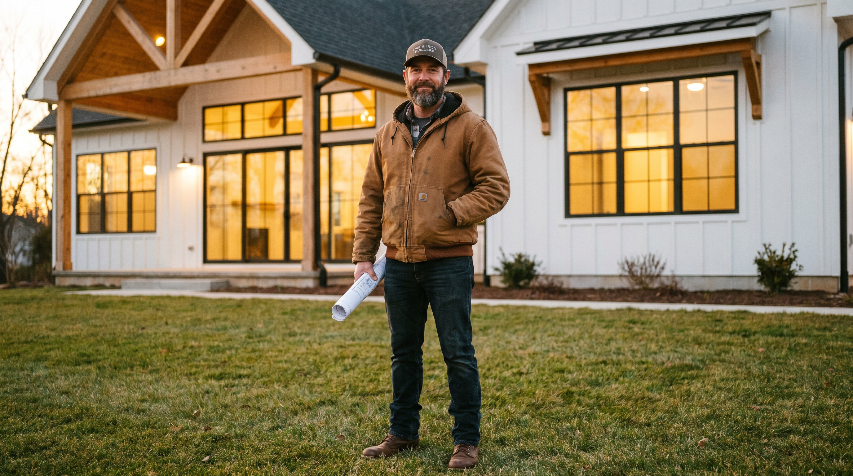 A custom-home contractor standing in front of a finished craftsman home at golden hour